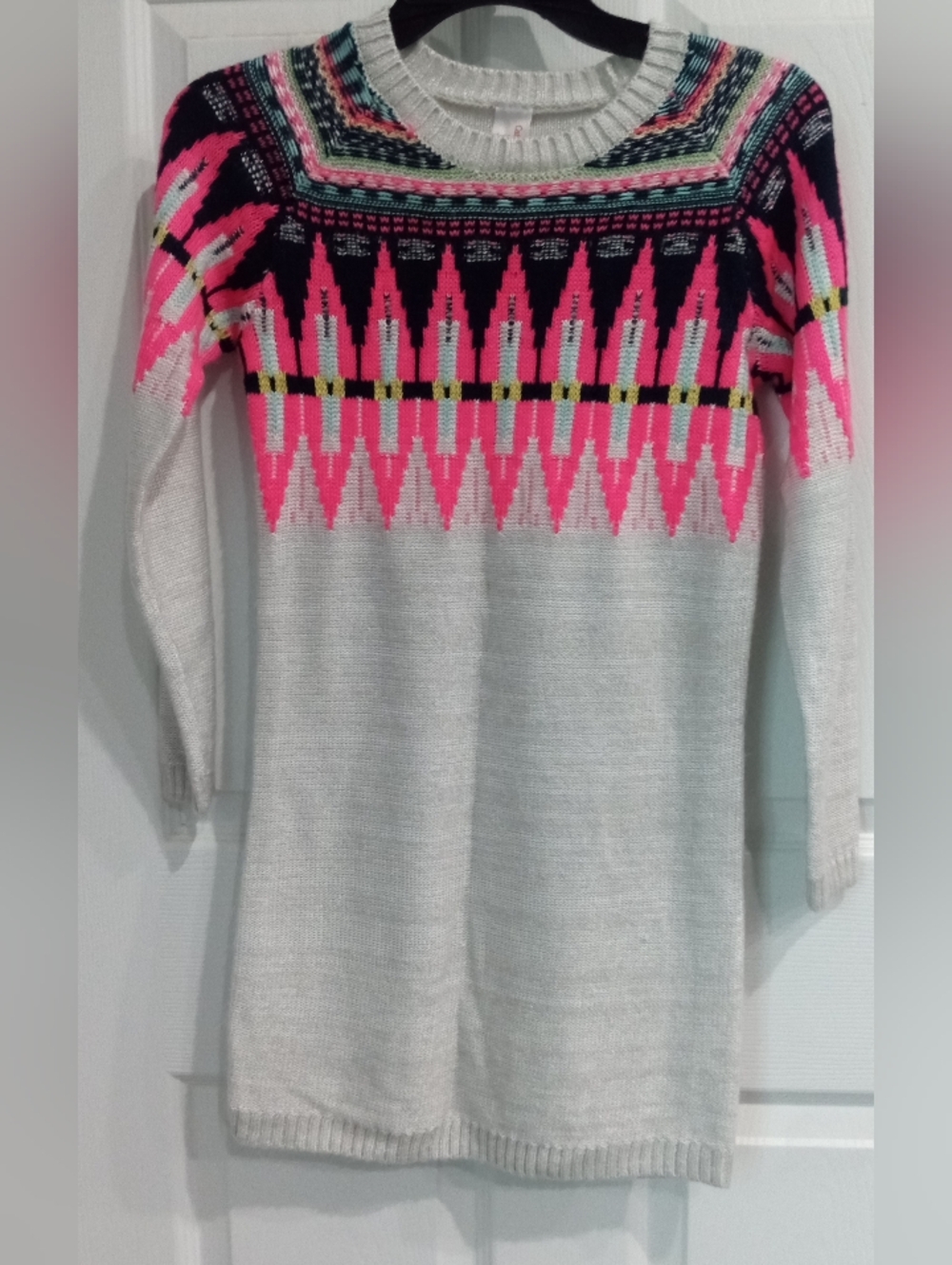 Cat & Jack Cream Sweater Dress with Pink, Navy & Yellow Aztec Yoke